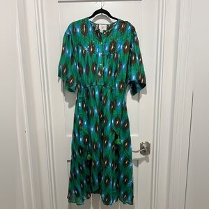 Bella Tu Large Green Printed Midi Dress with Button Front and Tassel Detail